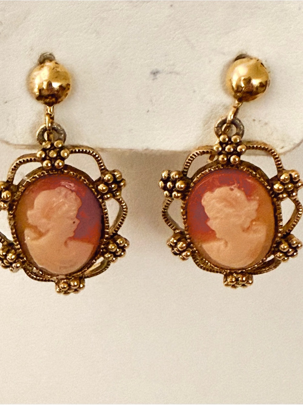 Vintage Cameo Earrings Gold Tone Victorian Revival Ornate Filigree Dangle